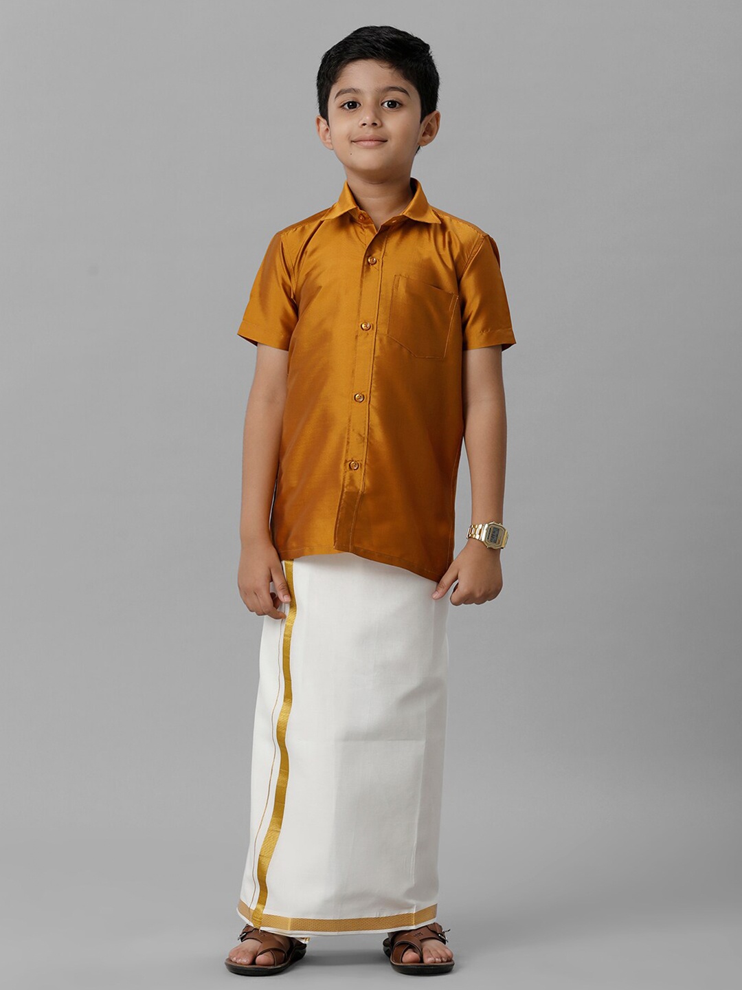 

Ramraj Boys Shirt Collar Shirt with Adjustable Veshti, Mustard