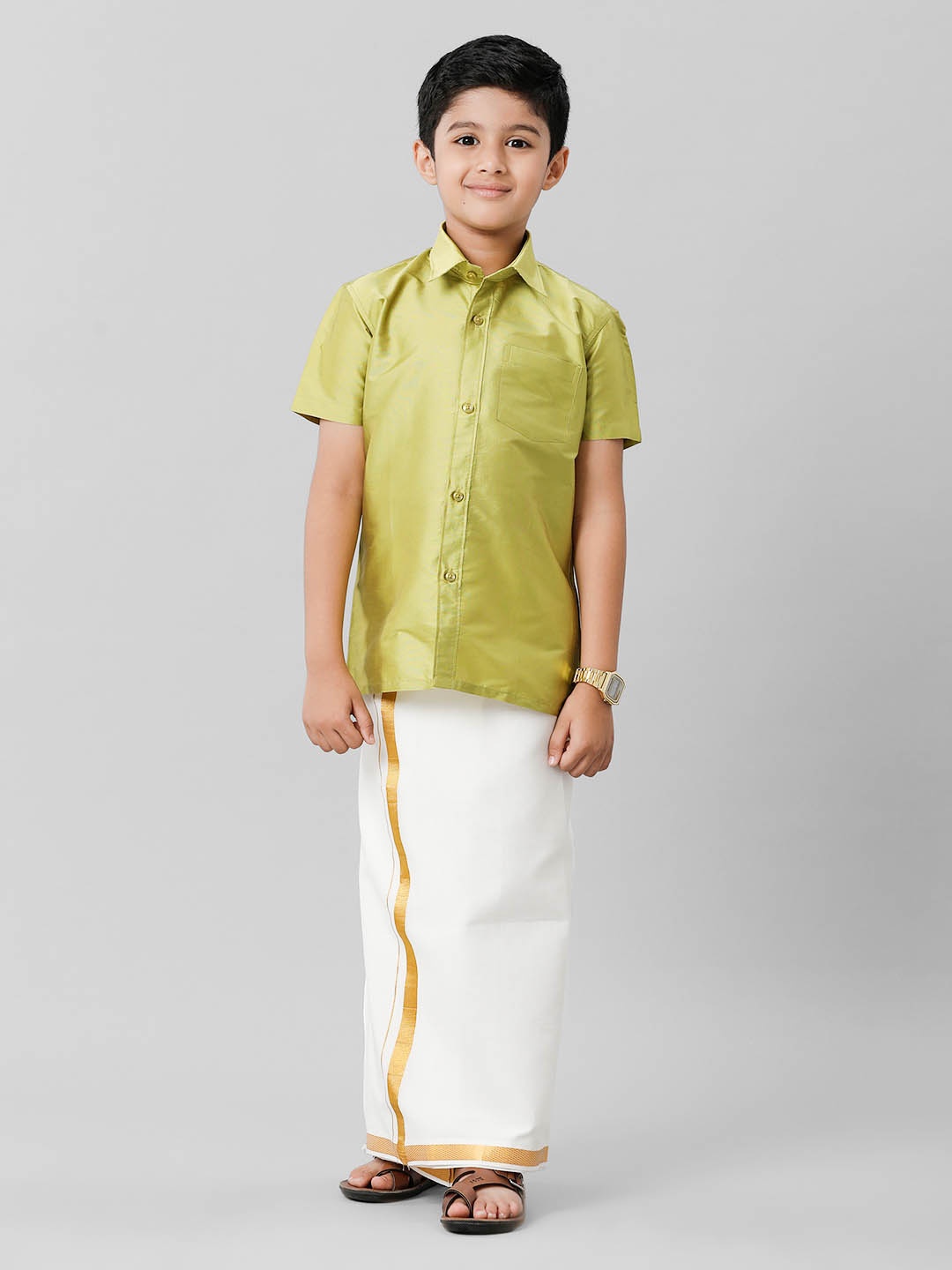 

Ramraj Boys Shirt Collar Shirt With Adjustable Veshti, Green
