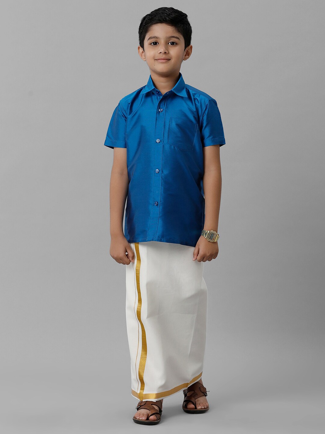 

Ramraj Boys Shirt Collar Shirt With Adjustable Veshti, Blue