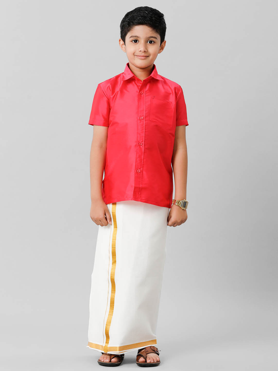

Ramraj Boys Shirt Collar Silk Cotton Clothing Set, Red