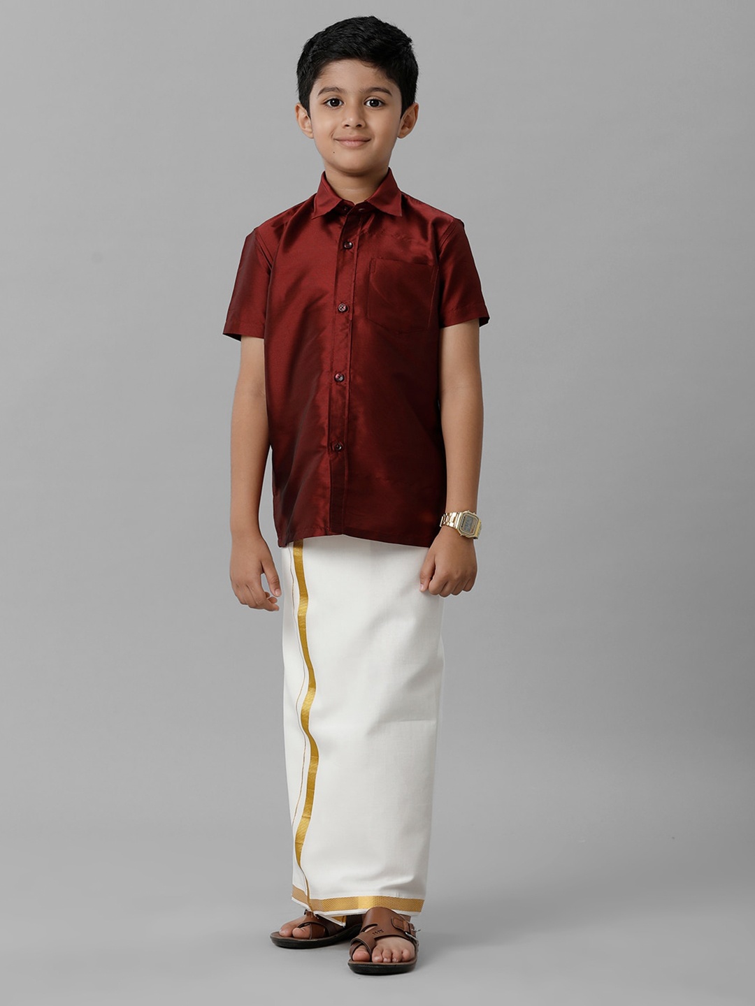 

Ramraj Boys Shirt Collar Short Sleeves Silk Cotton Shirt & Adjustable Veshti, Maroon