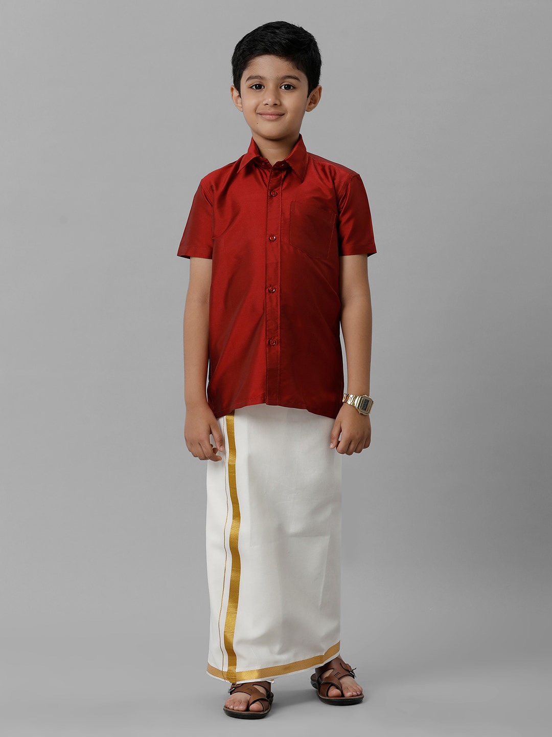 

Ramraj Boys Shirt Collar Shirt With Adjustable Veshti, Red