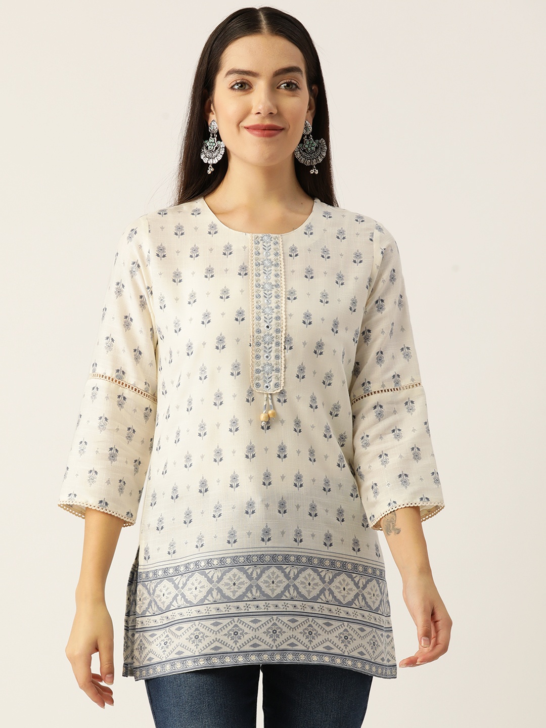 

Rue Collection Floral Printed Mirror Work Pure Cotton Mirror Work Kurti, Off white