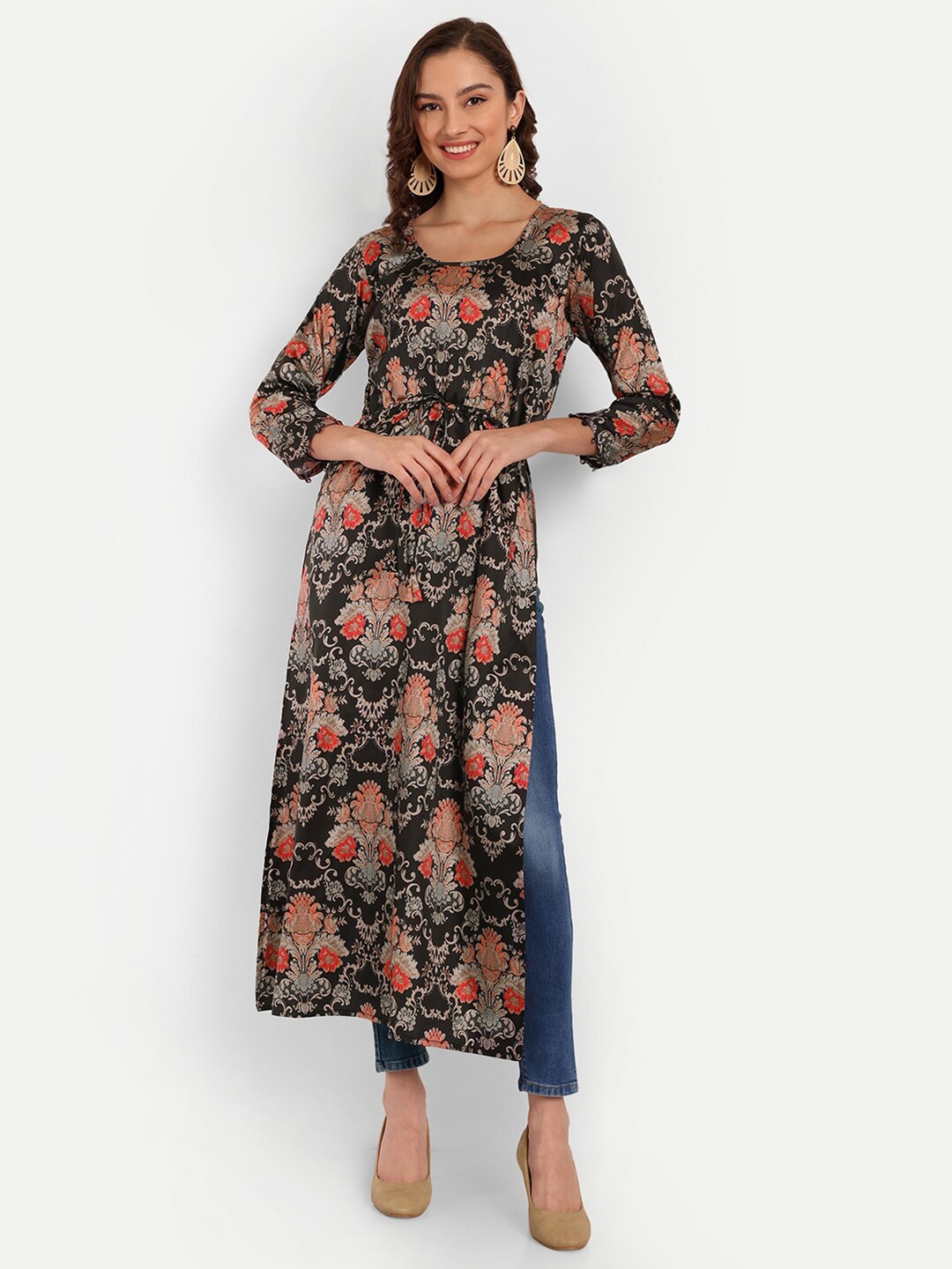 

TILISM Ethnic Motifs Printed Straight Silk Kurta, Black