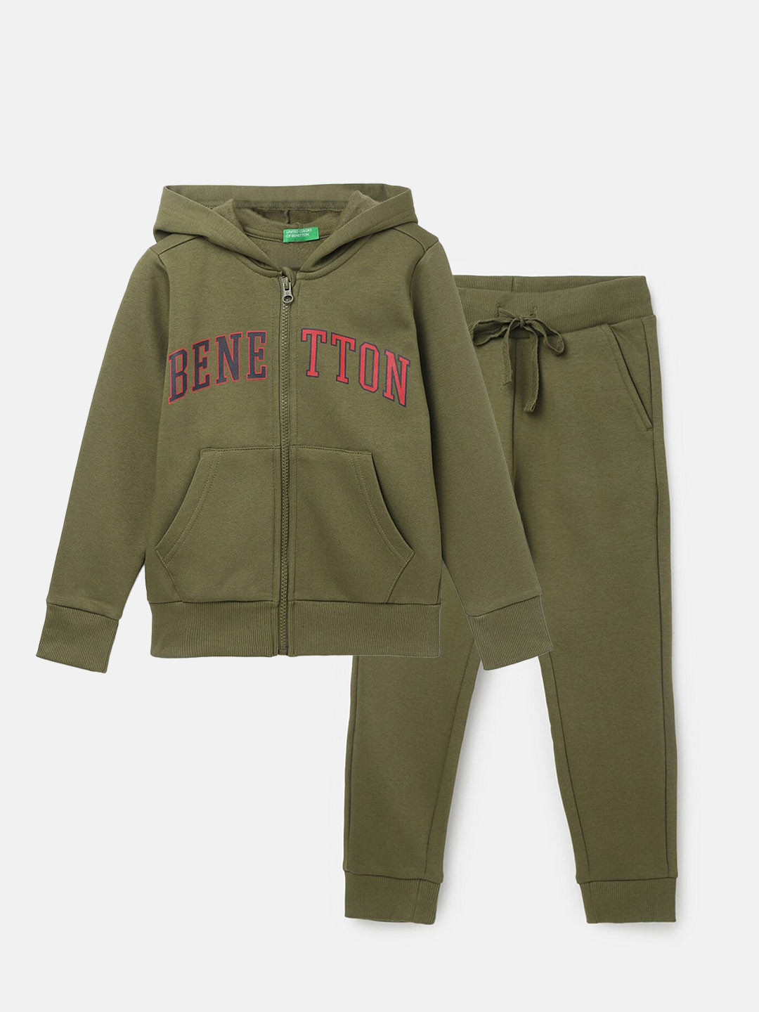 

United Colors of Benetton Boys Typography Printed Hooded Sweatshirt and Joggers, Olive