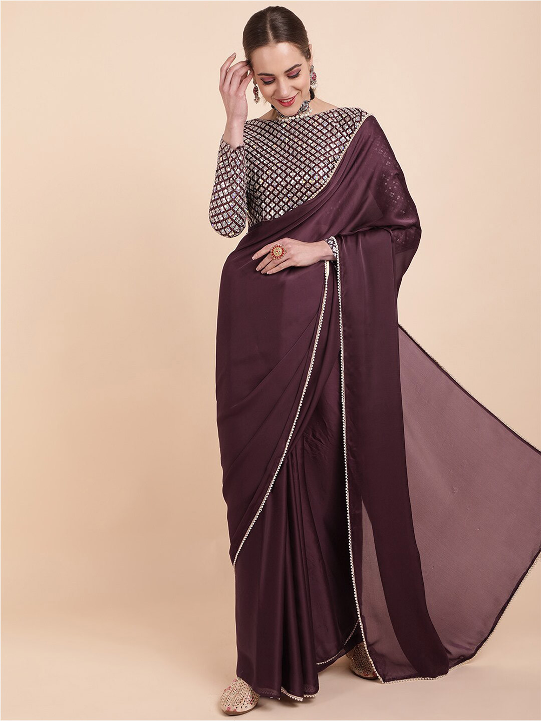 

Sangria Burgundy Embellished Bordered Satin Saree