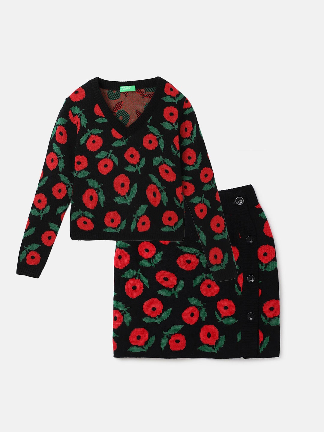 

United Colors of Benetton Girls Floral Woven Design Sweatshirt and Skirt, Black