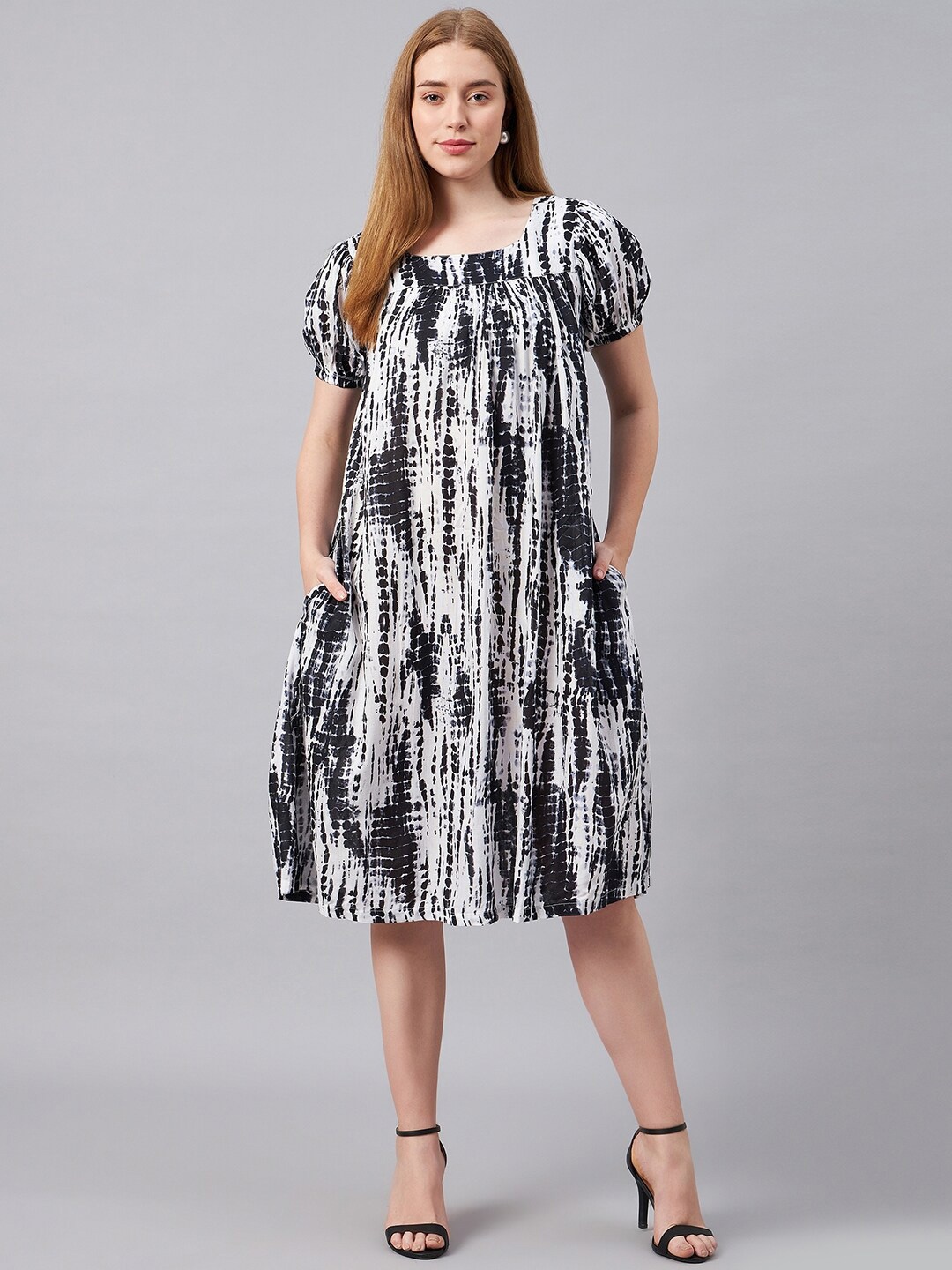 CHROME & CORAL Tie & Dye Dyed Puff Sleeve A-Line Dress, Black