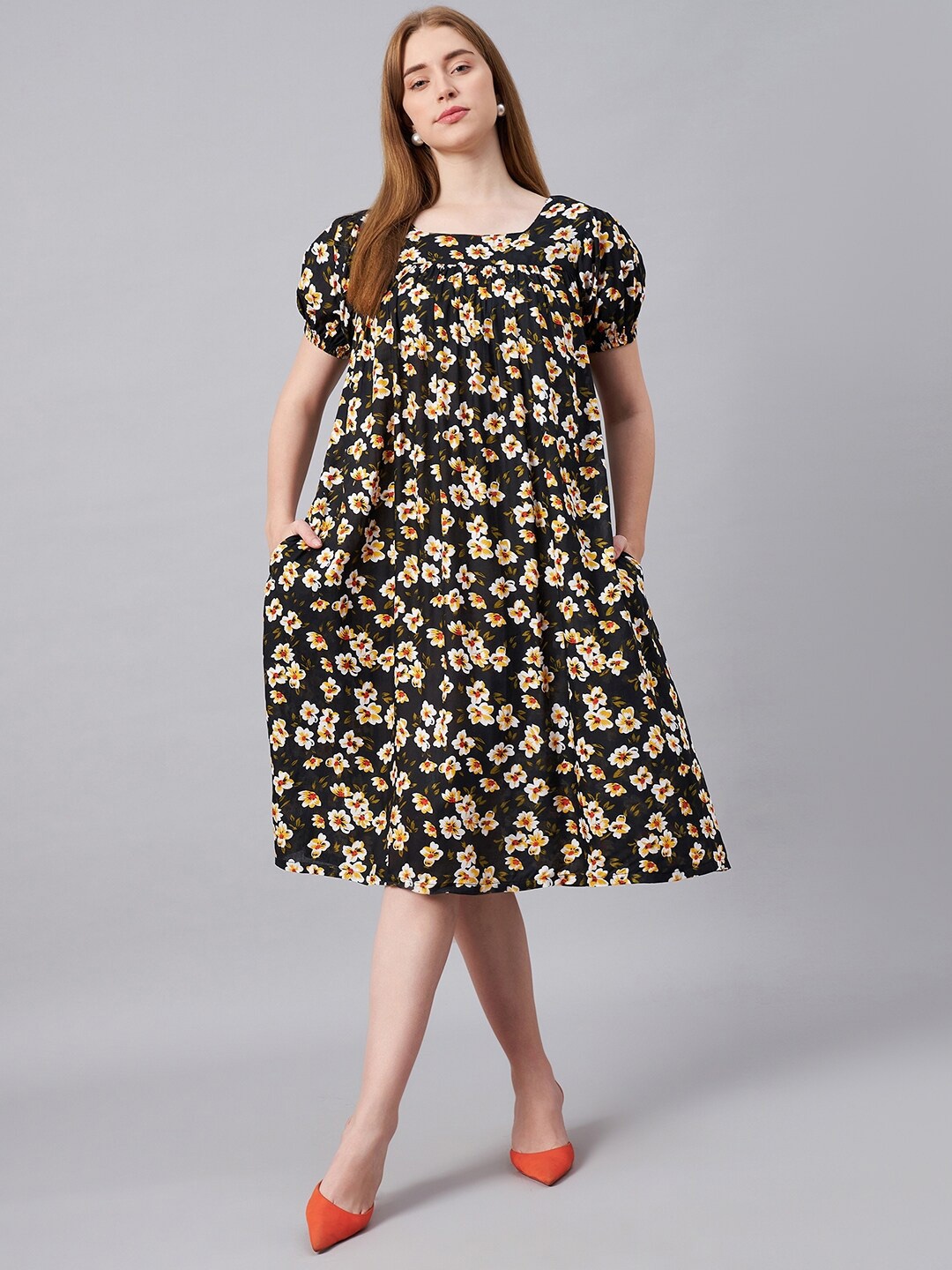 

CHROME & CORAL Floral Printed Puff Sleeves A-Line Midi Dress, Navy blue
