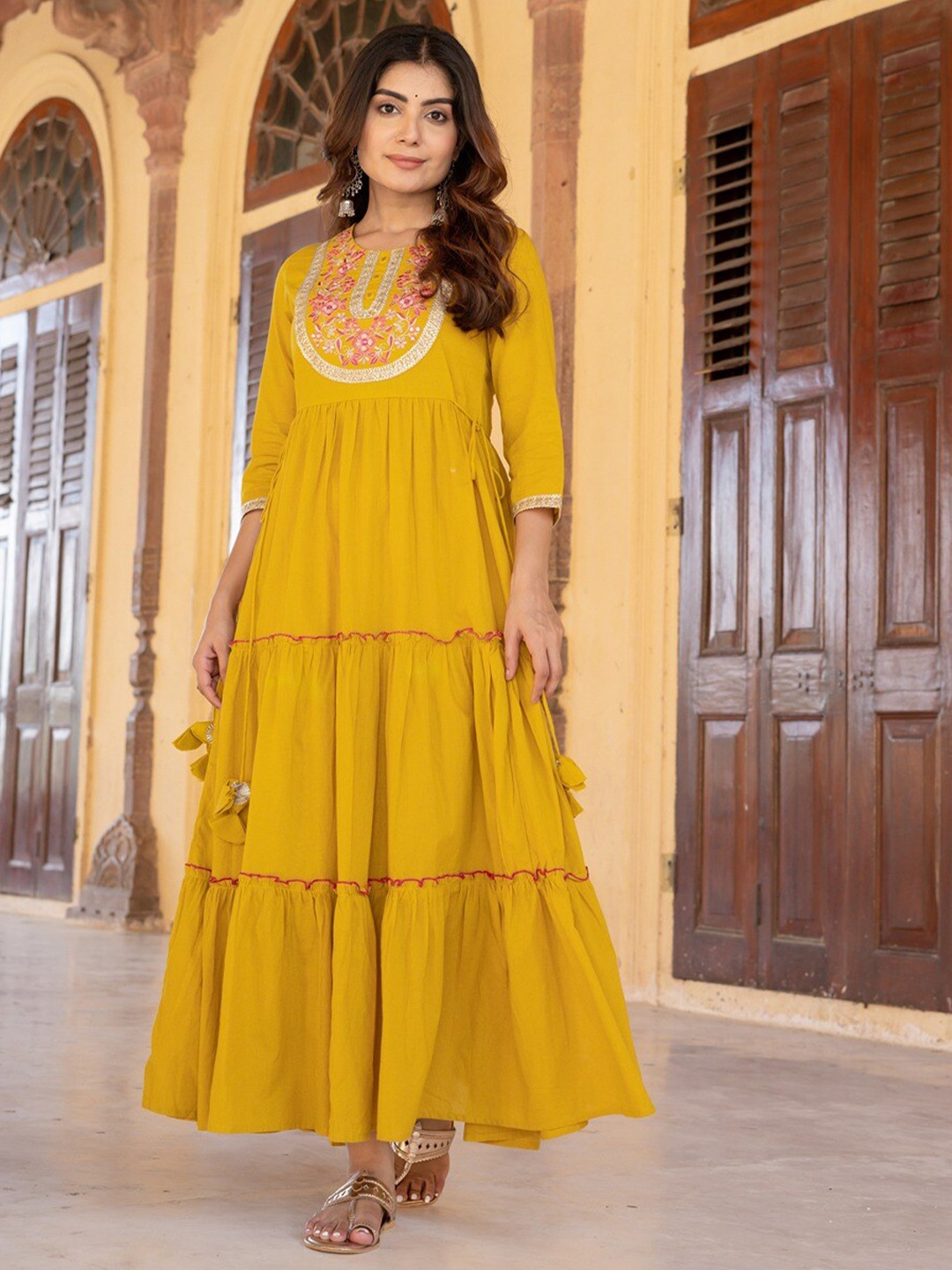 

Yufta Floral Embroidered A Line Maxi Dress, Mustard