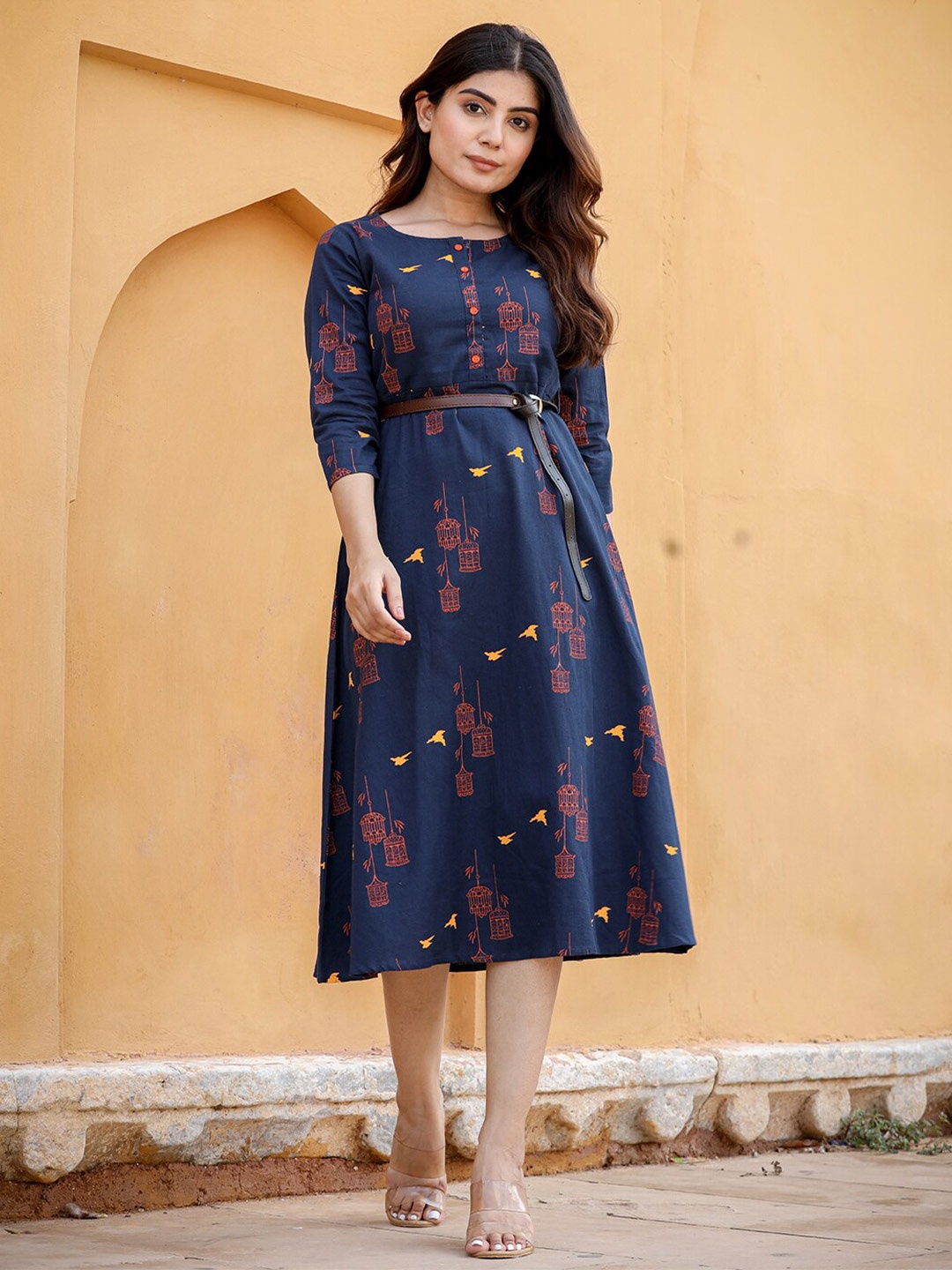 

Yufta Conversational Printed Belted Cotton A Line Dress, Navy blue