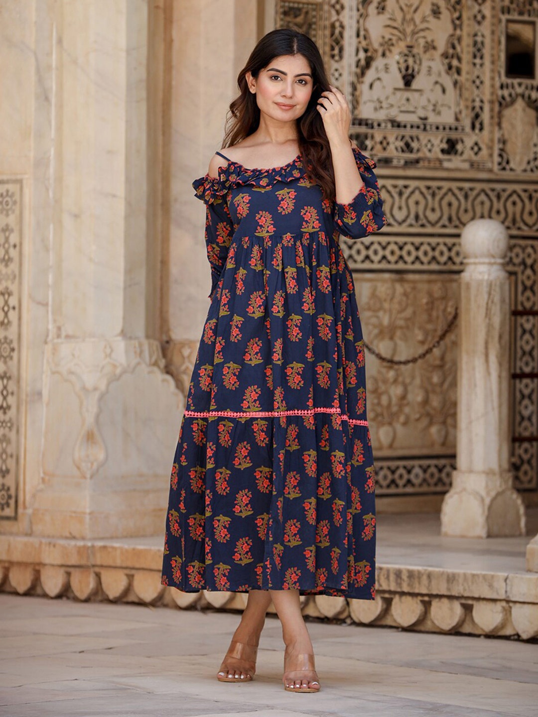 

Yufta Floral Printed Pure Cotton Maxi Fit & Flare Dress, Navy blue