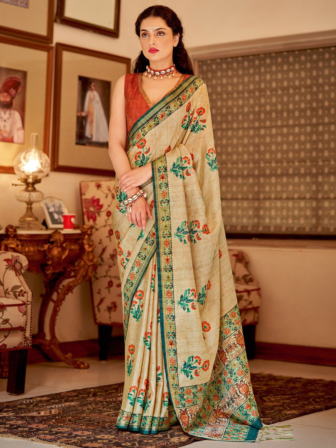 

Saree mall Beige Gold-Toned Ethnic Motifs Printed Zari Silk Sarees