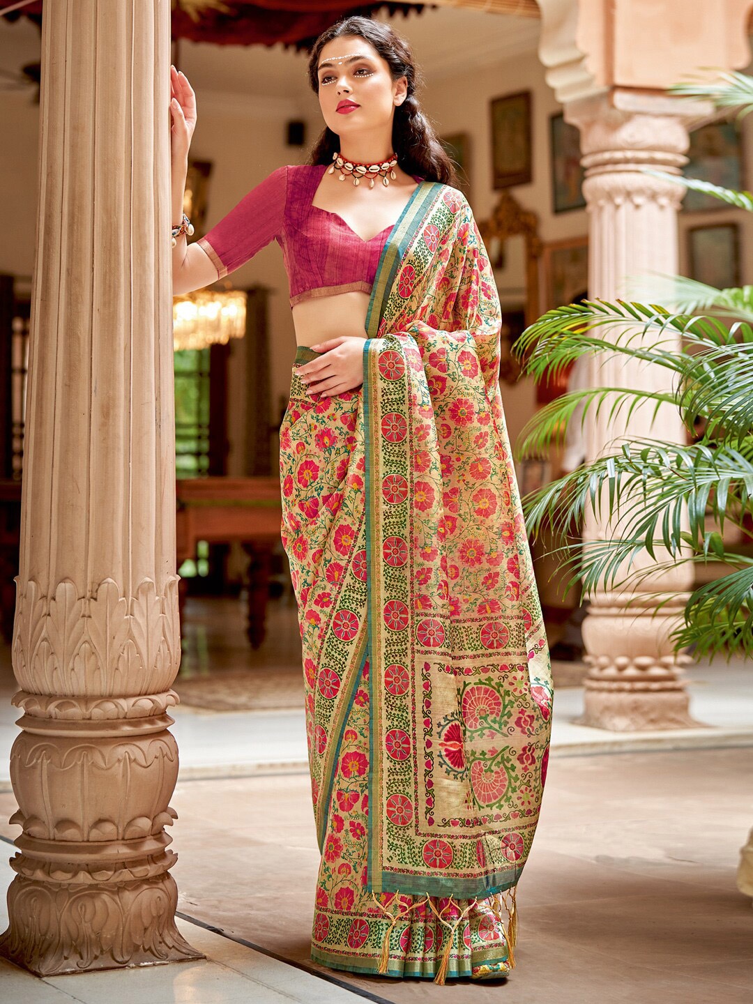 

Saree mall Beige Red Floral Printed Zari Silk Sarees