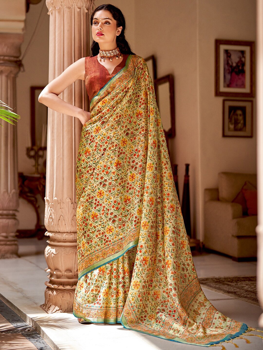 

Saree mall Beige & Gold-Toned Ethnic Motifs Printed Zari Pure Silk Sarees