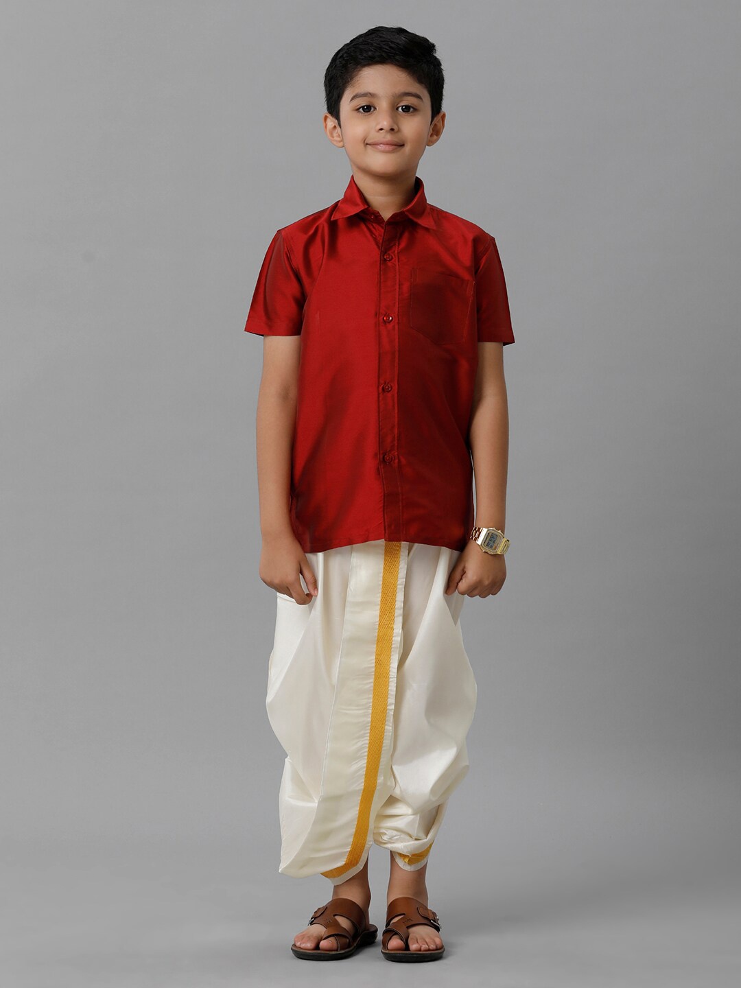 

Ramraj Boys Shirt Collar Silk Cotton Clothing Set, Red