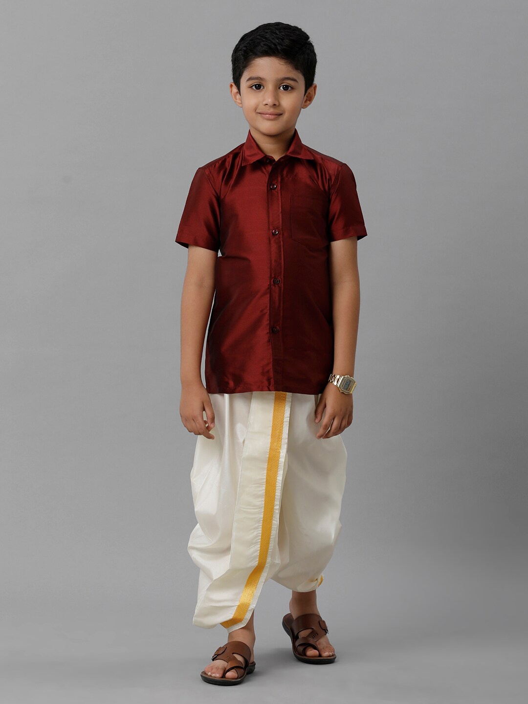 

Ramraj Boys Shirt Collar Silk Cotton Clothing Set, Maroon