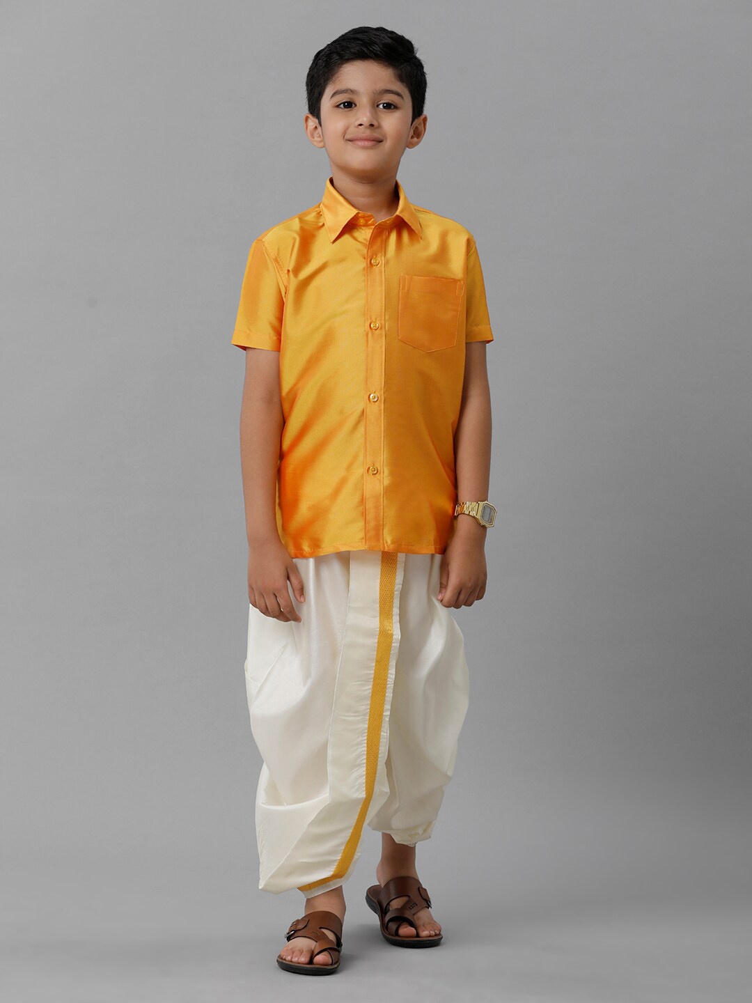 

Ramraj Boys Shirt Collar Silk Cotton Clothing Set, Orange