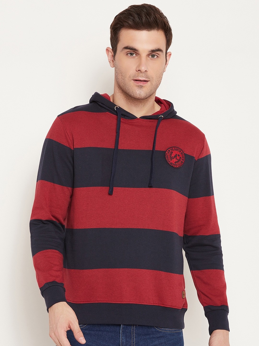 

Austin wood Striped Hooded Fleece Pullover, Red