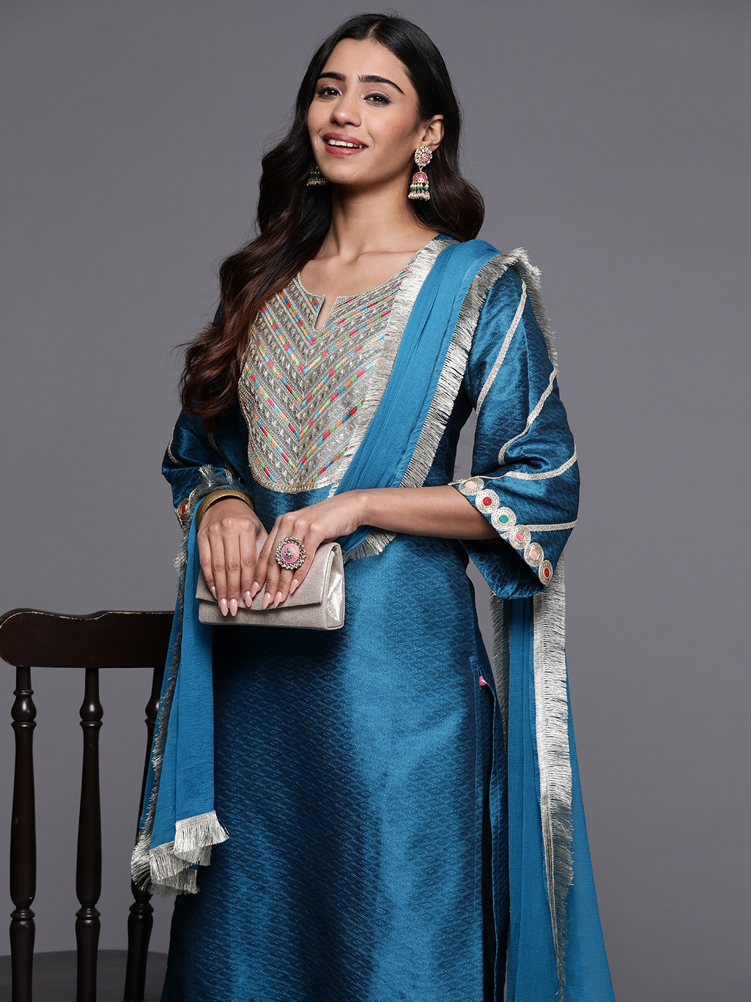 

Varanga Ethnic Motifs Embroidered Regular Sequinned Kurta with Trousers & Dupatta, Blue