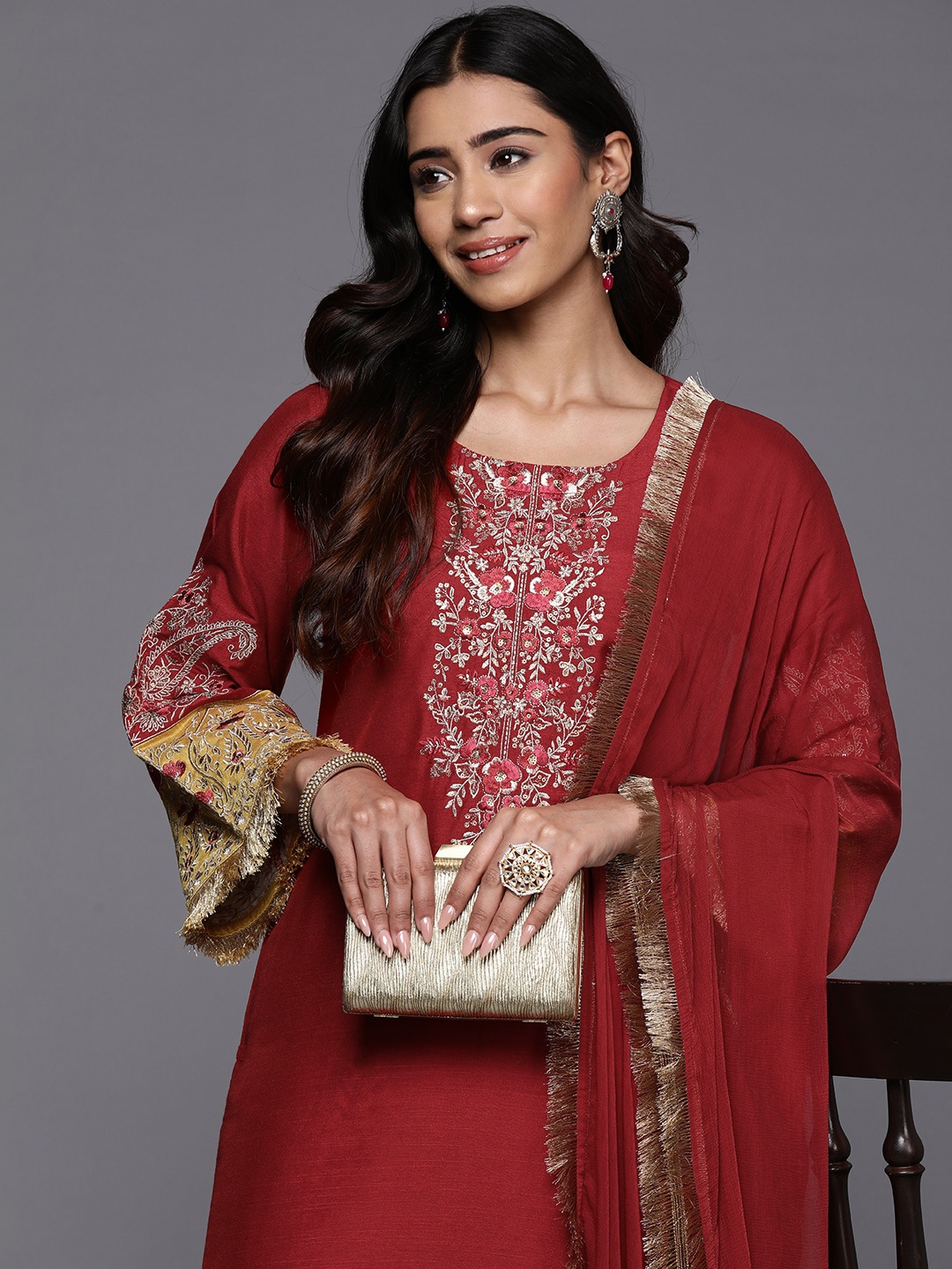 

Varanga Embroidered Regular Kurta with Trousers & Dupatta, Red