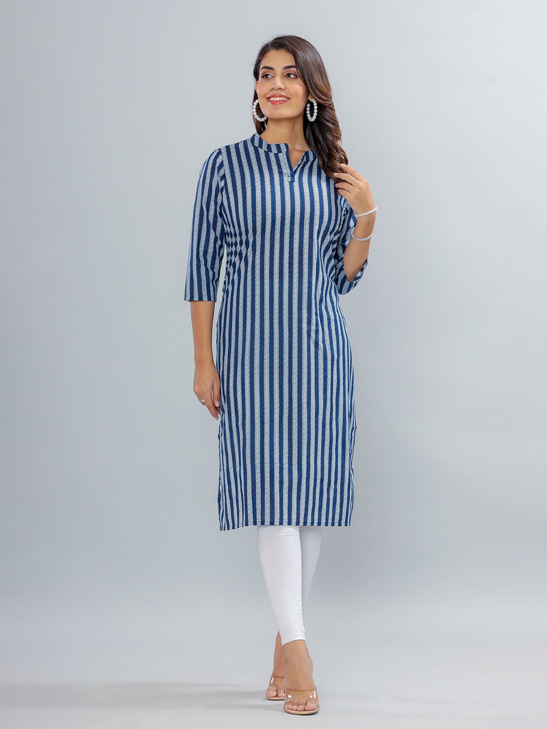 

ROOPWATI FASHION Striped Mandarin Collar Pure Cotton Straight Kurta, Navy blue