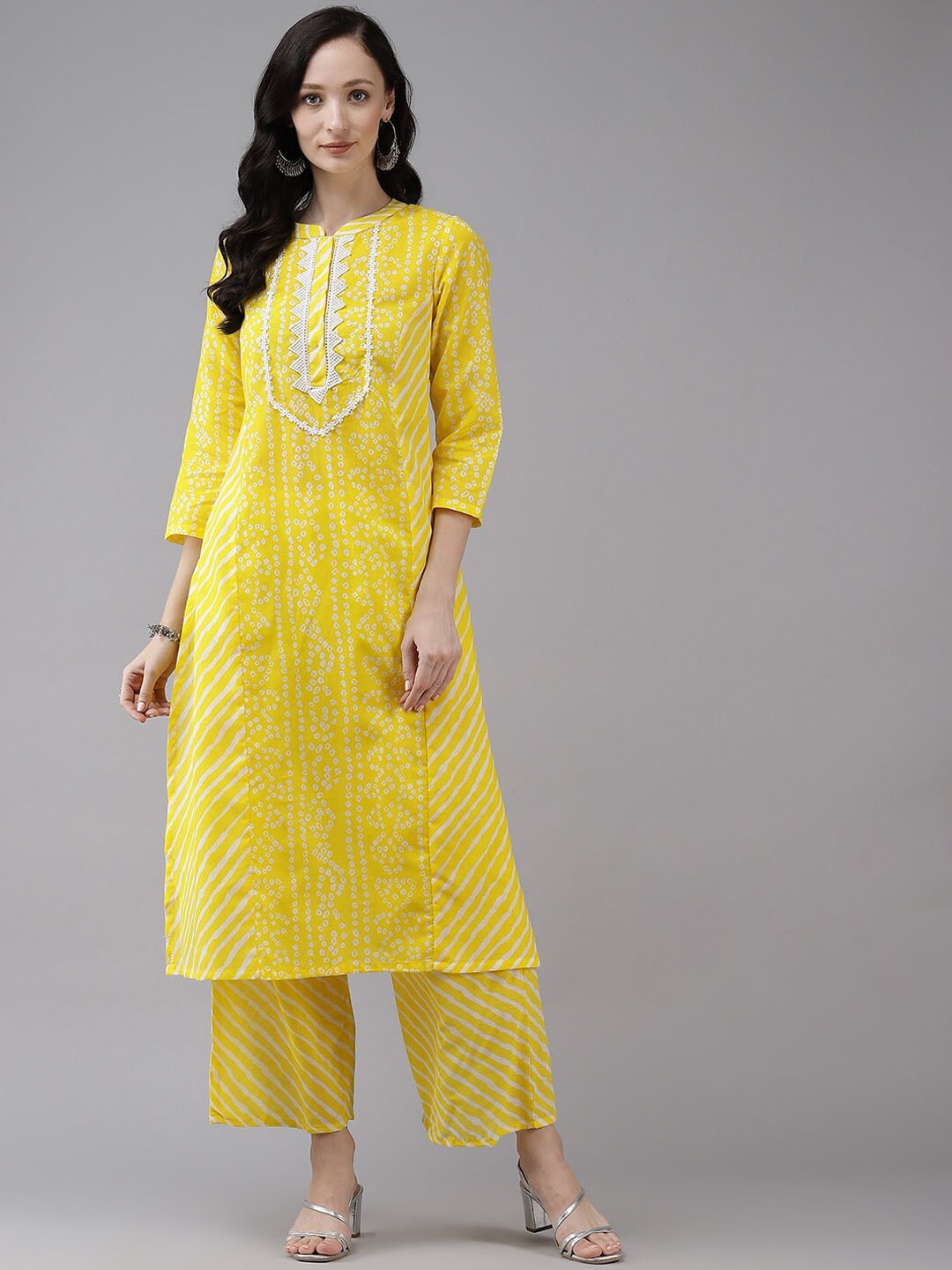 

Bhama Couture Bandhani Printed Regular Gotta Patti Kurta with Palazzos, Yellow