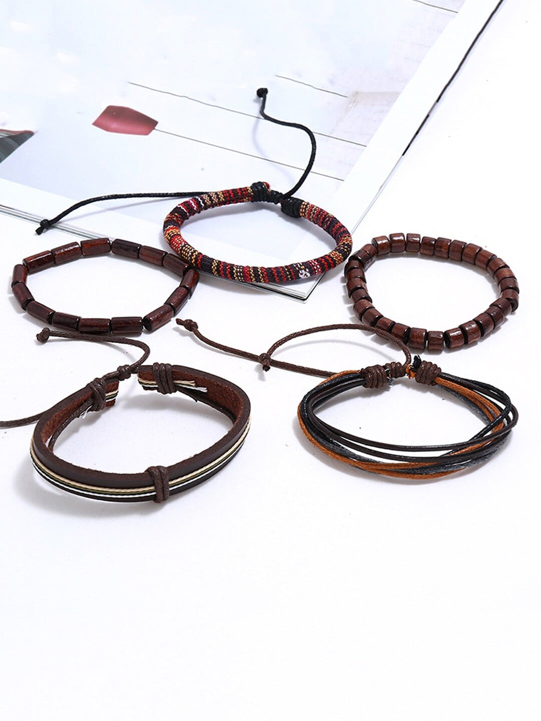 

WROGN Men Set Of 5 Leather Wraparound Bracelet, Brown