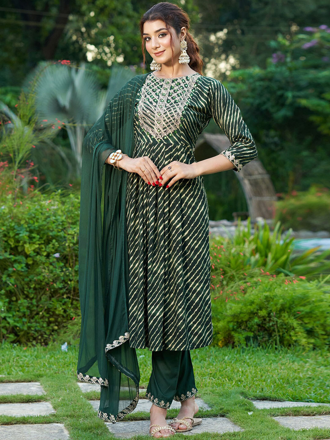

Indo Era Leheriya Printed Sequinned Anarkali Kurta With Trousers & Dupatta, Green