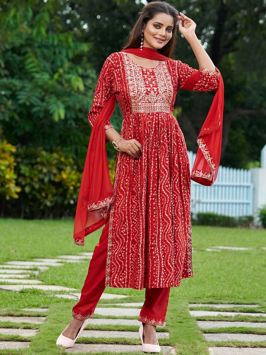 

Indo Era Bandhani Printed Sequinned Anarkali Kurta With Trousers & Dupatta, Red