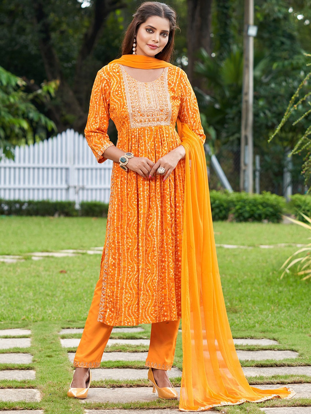 

Indo Era Yellow Bandhani Printed A-Line Sequinned Kurta With Trousers & Dupatta