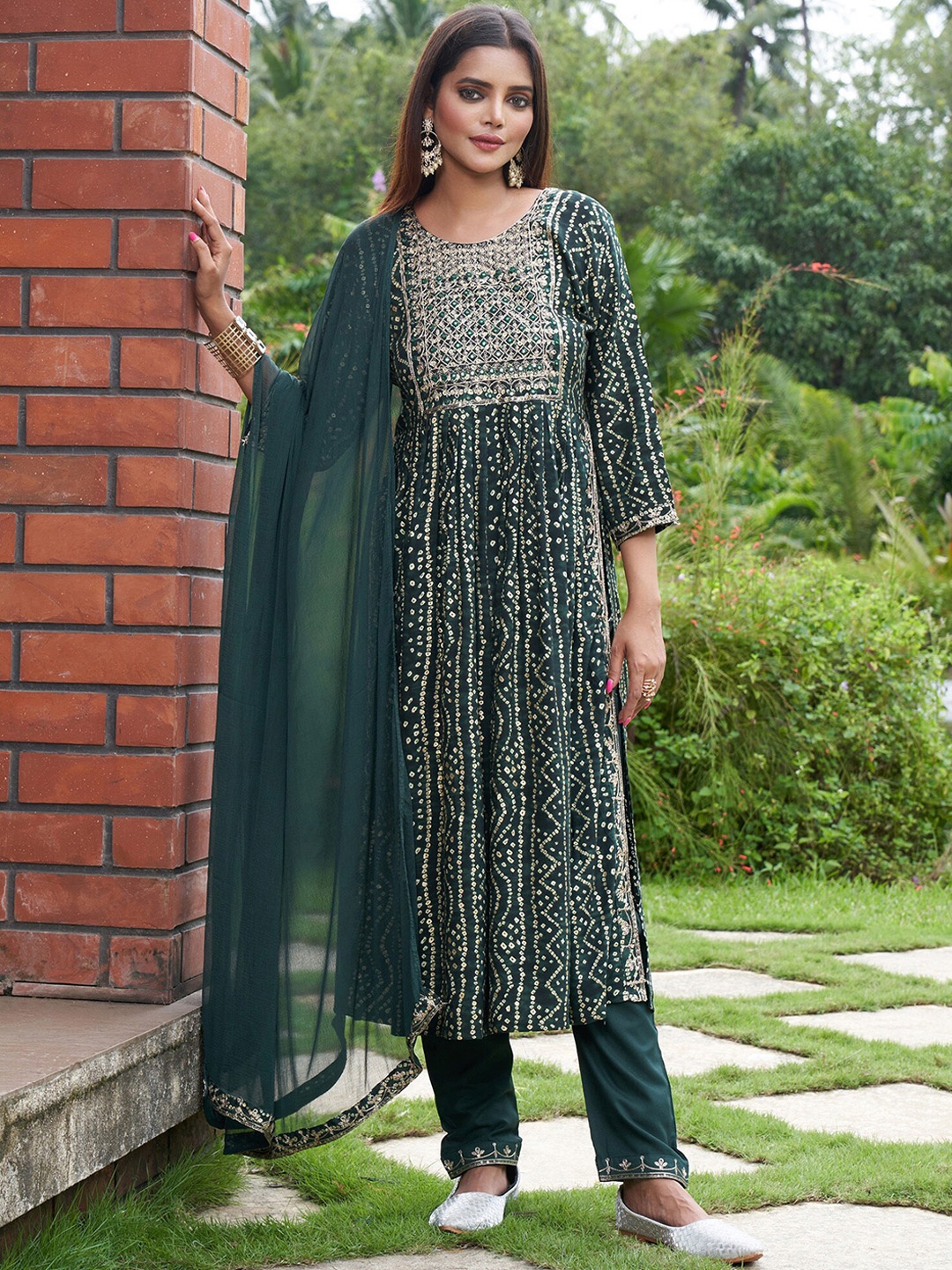 

Indo Era Green Bandhani Printed A-Line Sequinned Kurta With Trousers & Dupatta