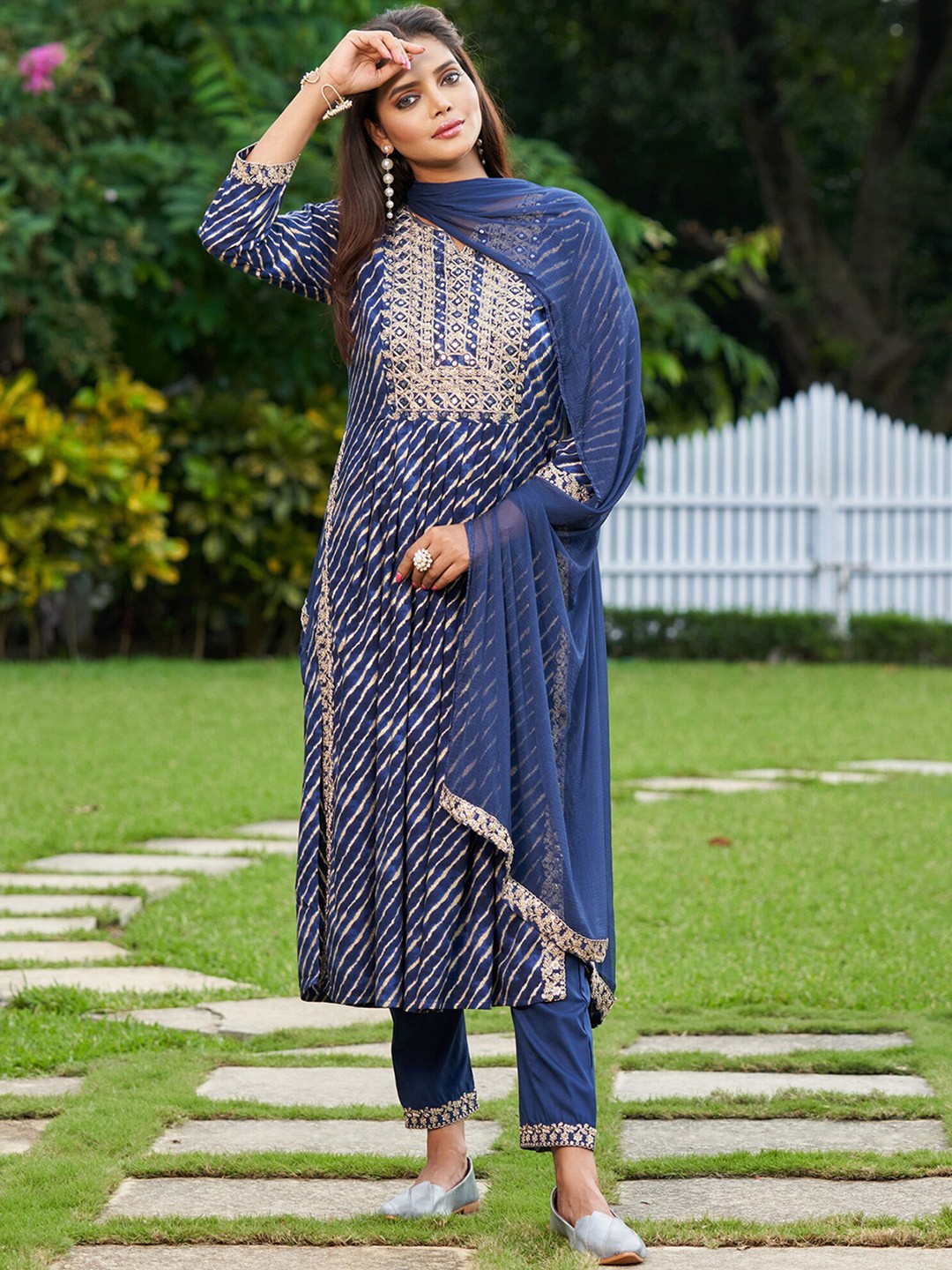 

Indo Era Blue Leheriya Printed A-Line Thread Work Kurta With Trousers & Dupatta