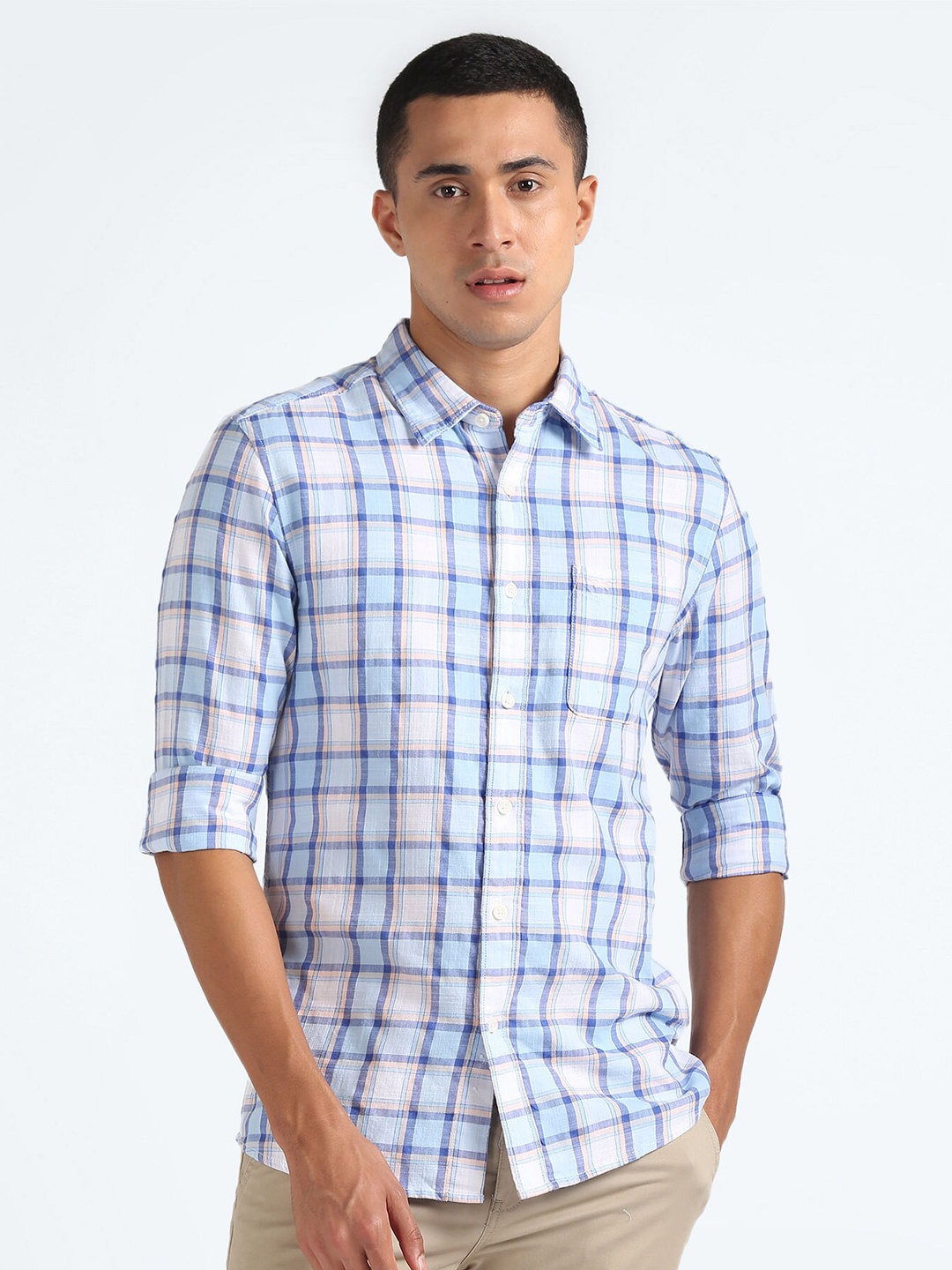 

Flying Machine Slim Fit Tartan Checked Casual Shirt, Blue