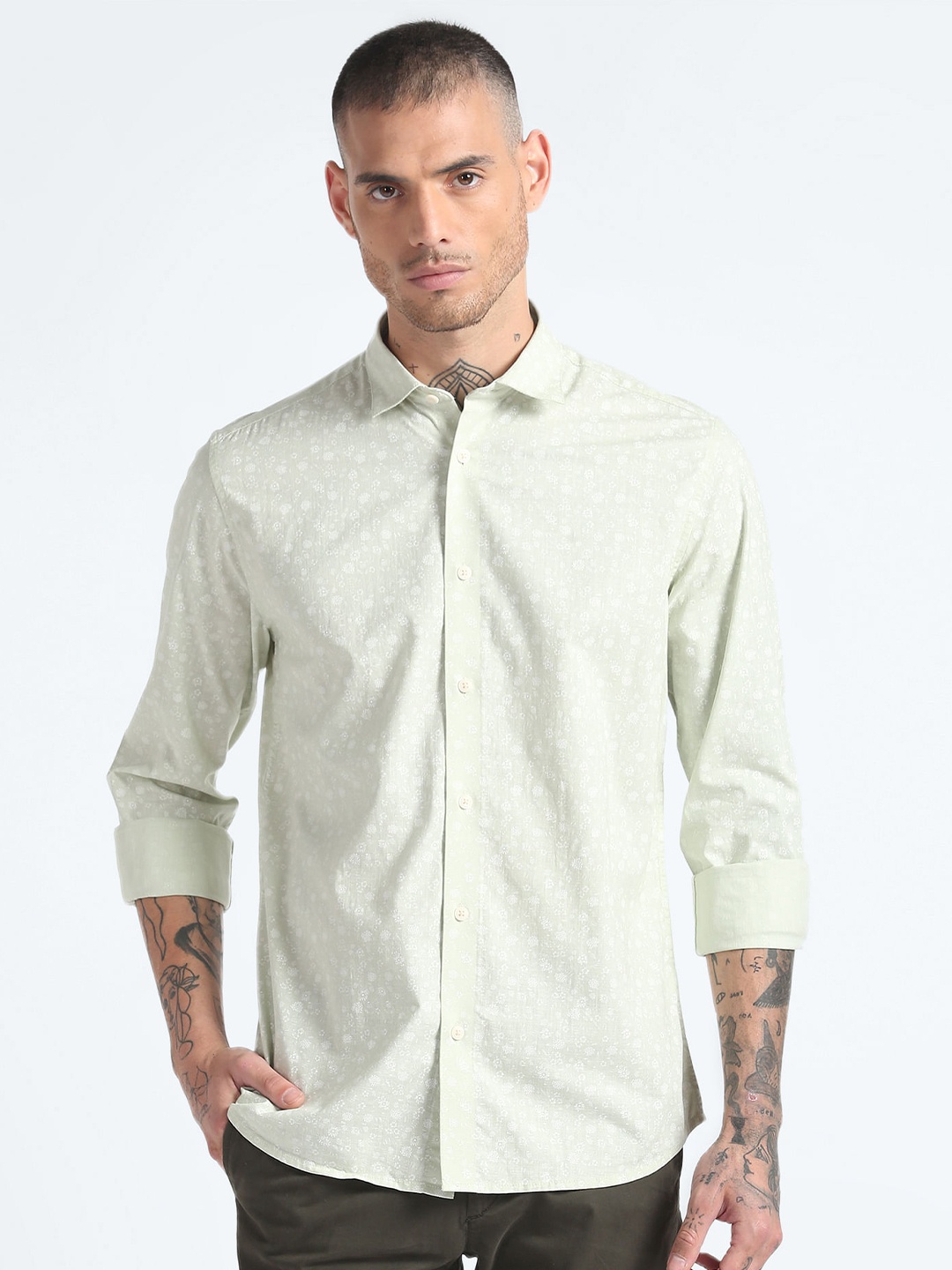 

Flying Machine Floral Printed Pure Cotton Casual Shirt, Green