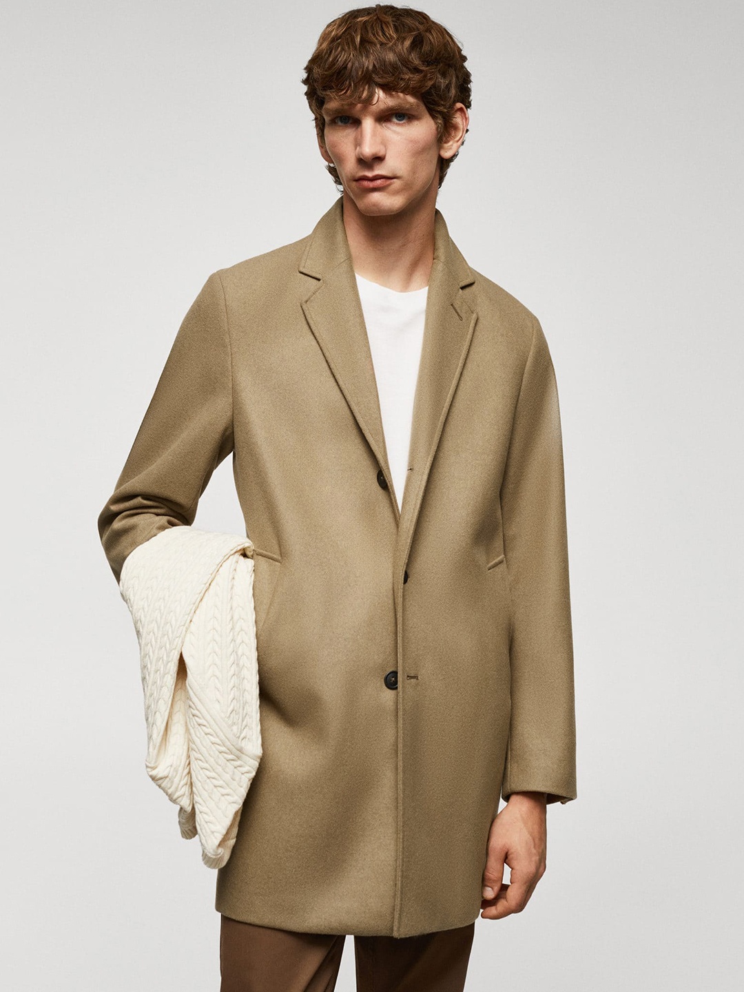 

MANGO MAN Notched Lapel Collar Longline Overcoat, Beige