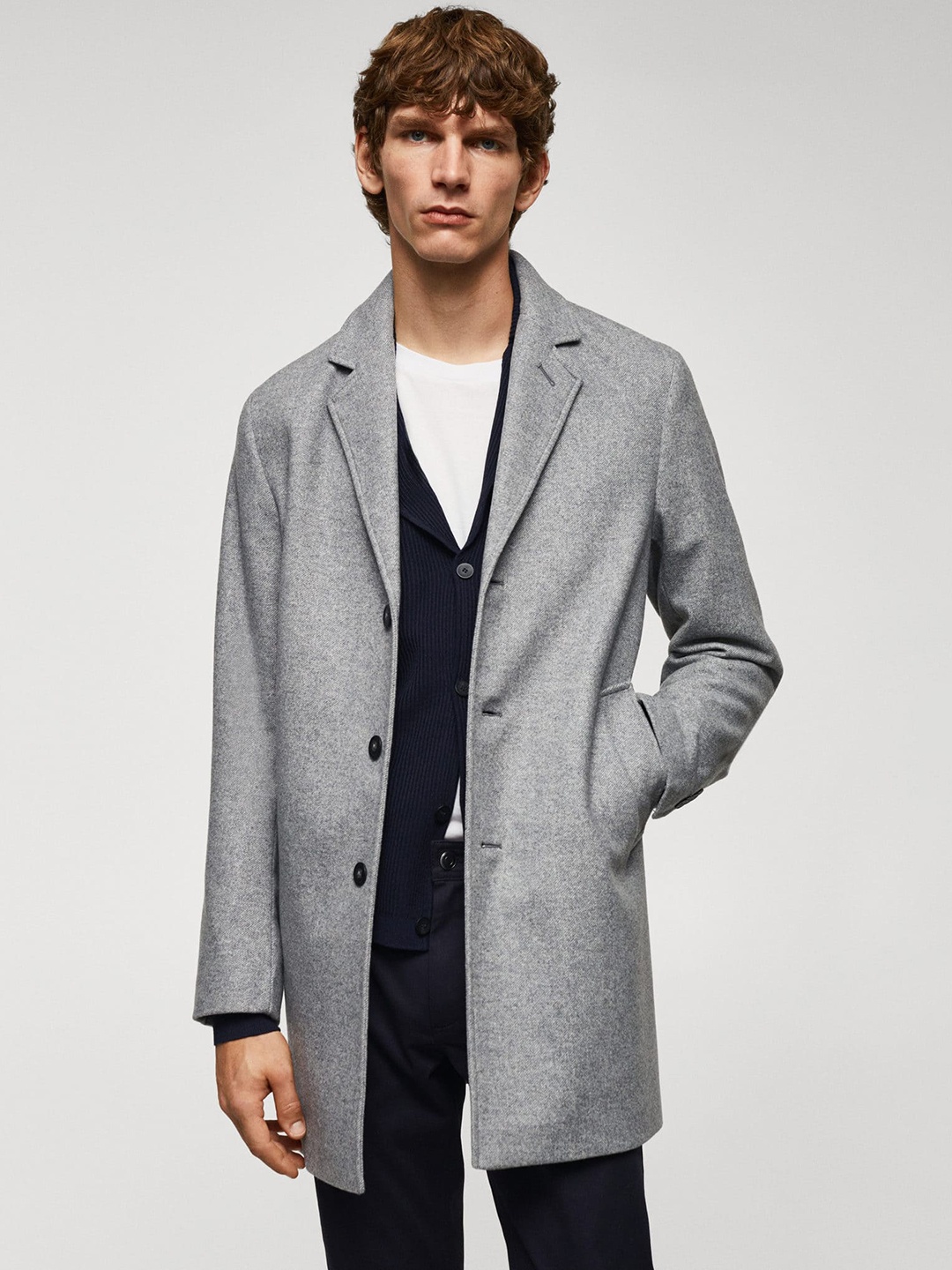 

MANGO MAN Notched Lapel Collar Longline Overcoat, Grey melange