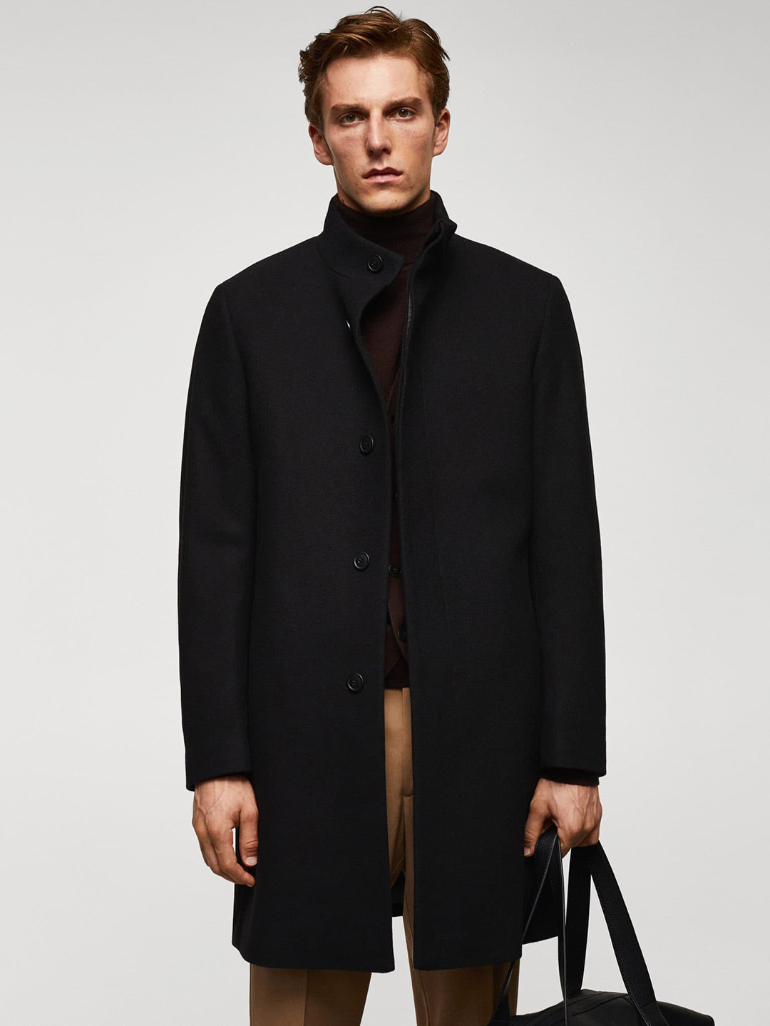 

MANGO MAN Stand Collar Woolen Longline Overcoat, Black