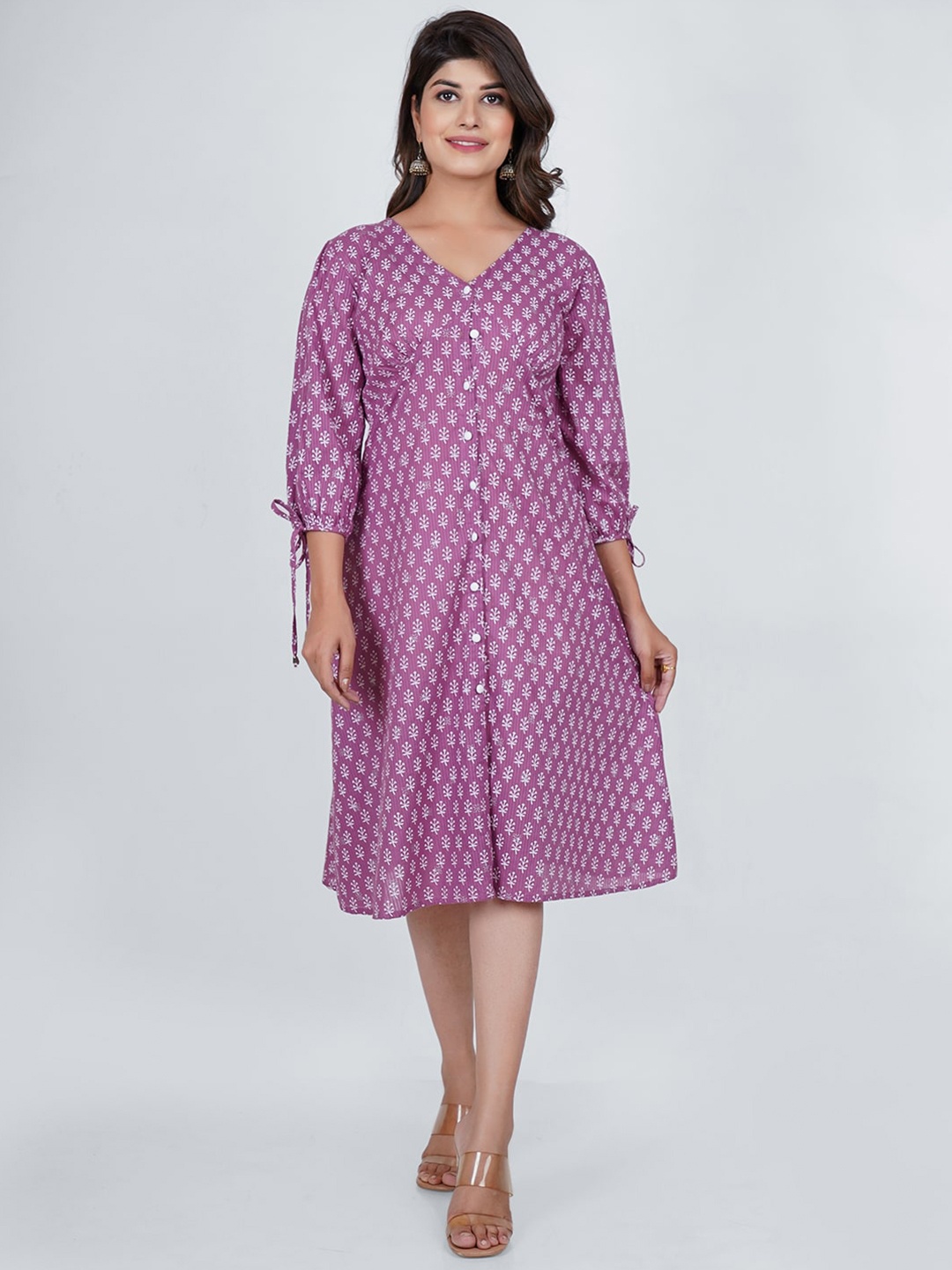 

PUKHYA Floral Printed Cotton A-Line Midi Dress, Purple