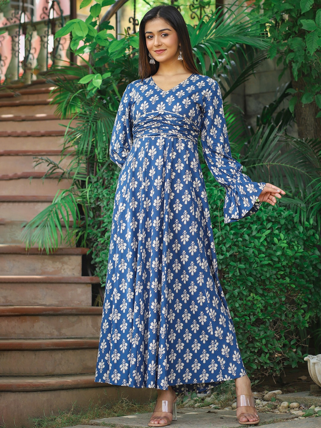 

PUKHYA Floral Printed A-Line Ethnic Dresses, Blue