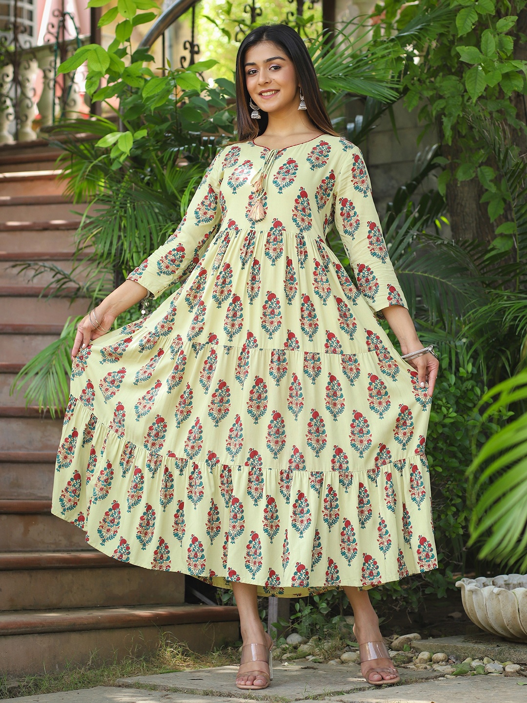 

PUKHYA Ethnic Motifs Printed A-Line Midi Dress, Green