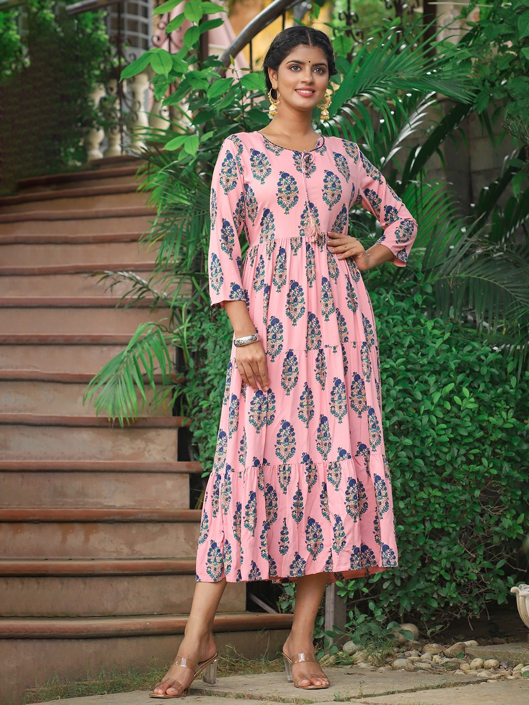 

PUKHYA Ethnic Motifs Printed Fit & Flare Gathered Midi Ethnic Dress, Pink