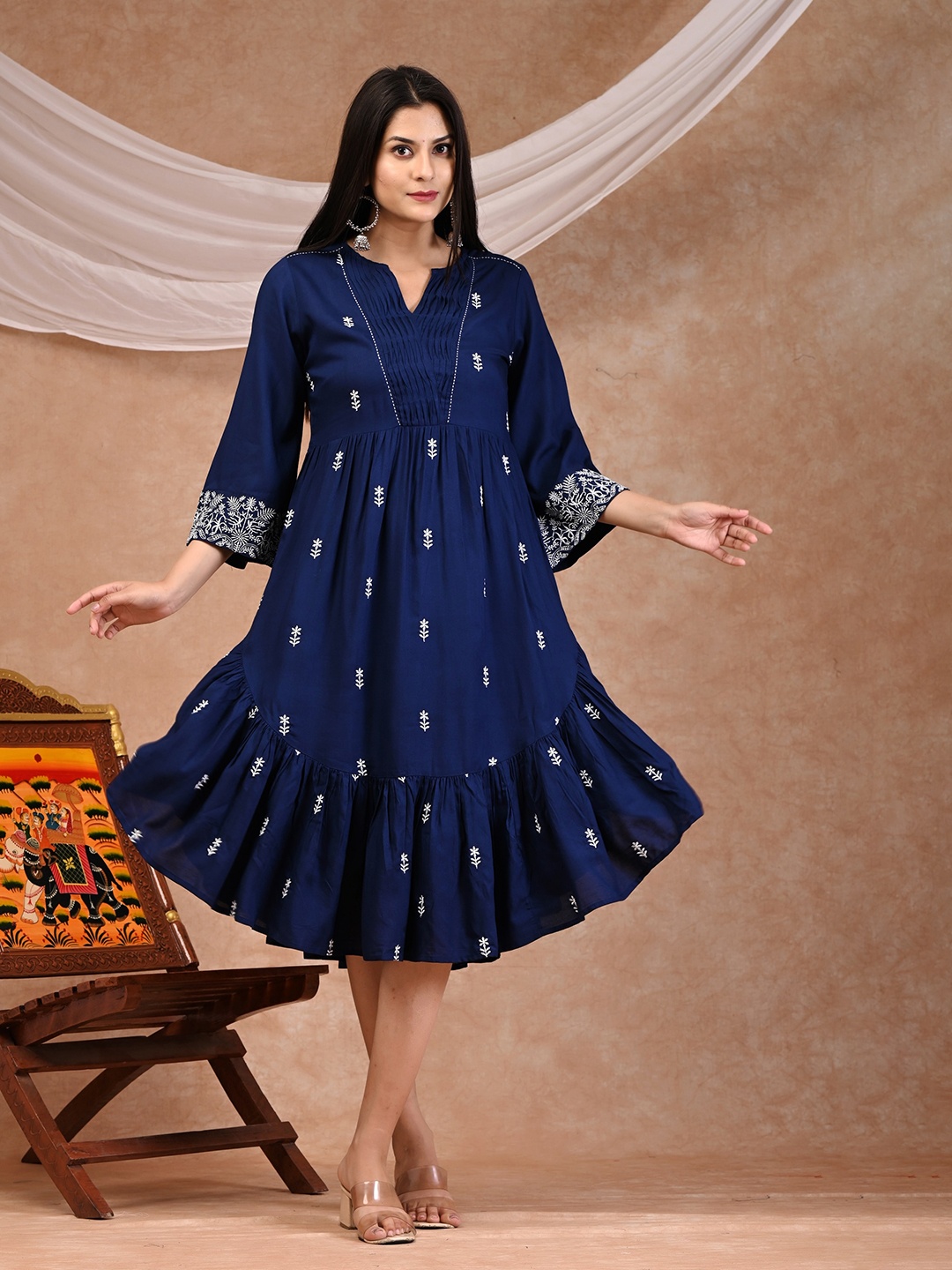 

PUKHYA Floral Emnroidered A-Line Midi Ethnic Dresses, Navy blue