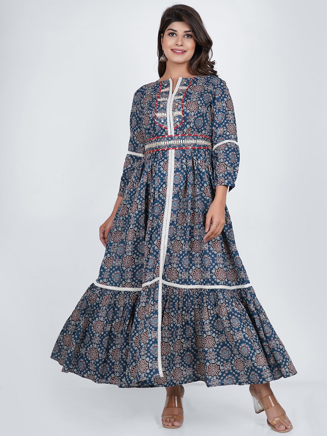 

PUKHYA Ethnic Motifs Printed Maxi Dress With Belt, Blue