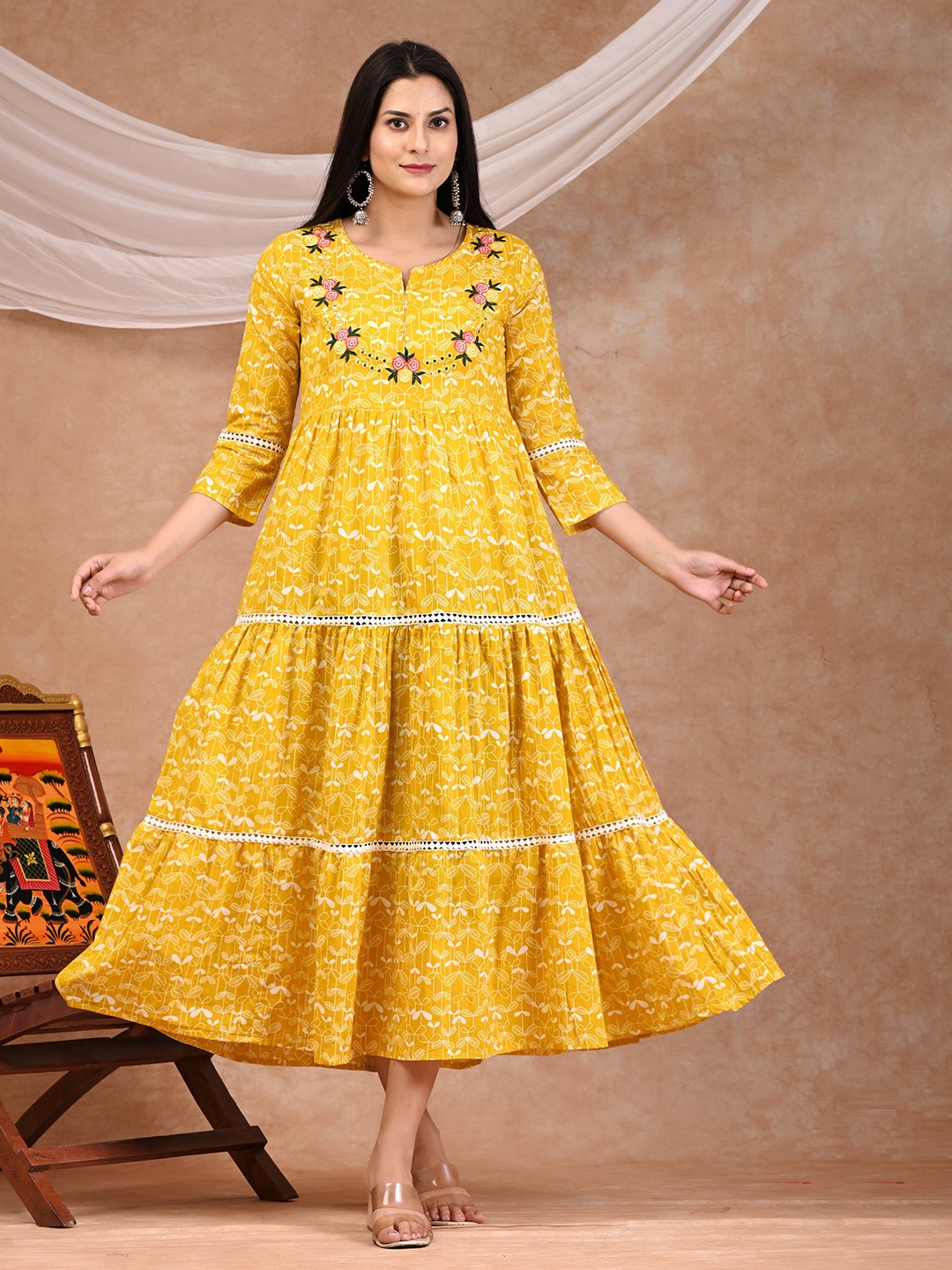 

PUKHYA Floral Printed Tiered Cotton A-Line Midi Ethnic Dresses, Yellow