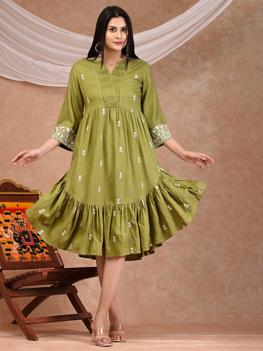 

PUKHYA Floral Embroidered Gathered Fit & Flare Ethnic Dress, Green