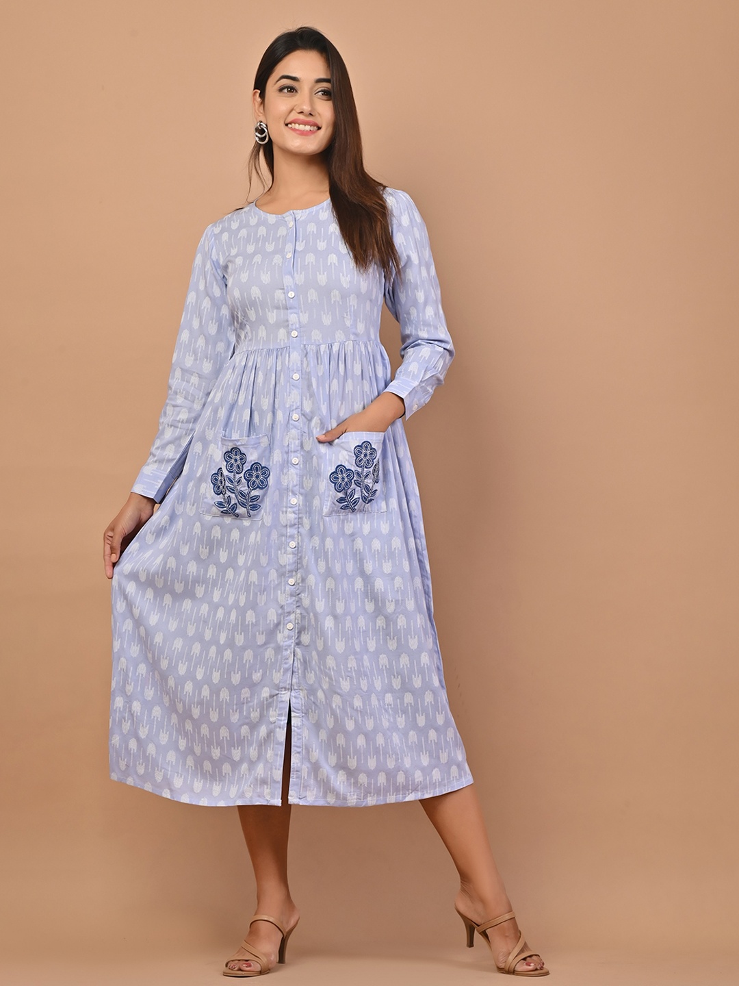 

PUKHYA Ethnic Motifs Printed A-Line Midi Dress, Blue
