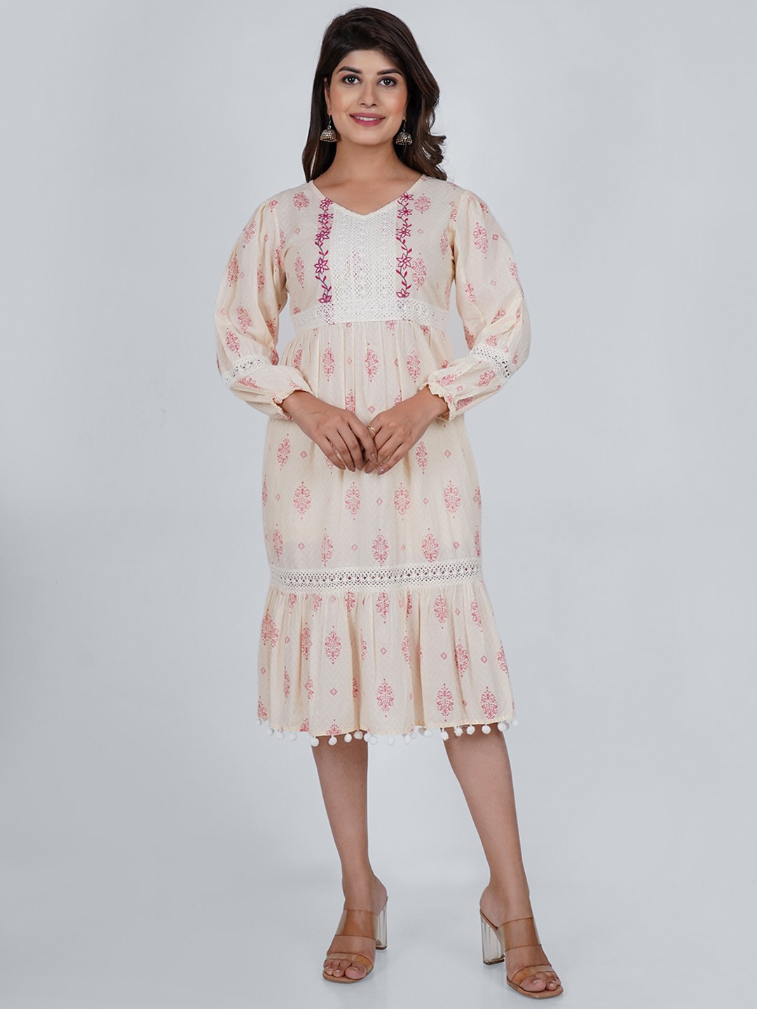 

PUKHYA Ethnic Motif Printed Cotton A-Line Midi Ethnic Dresses, White