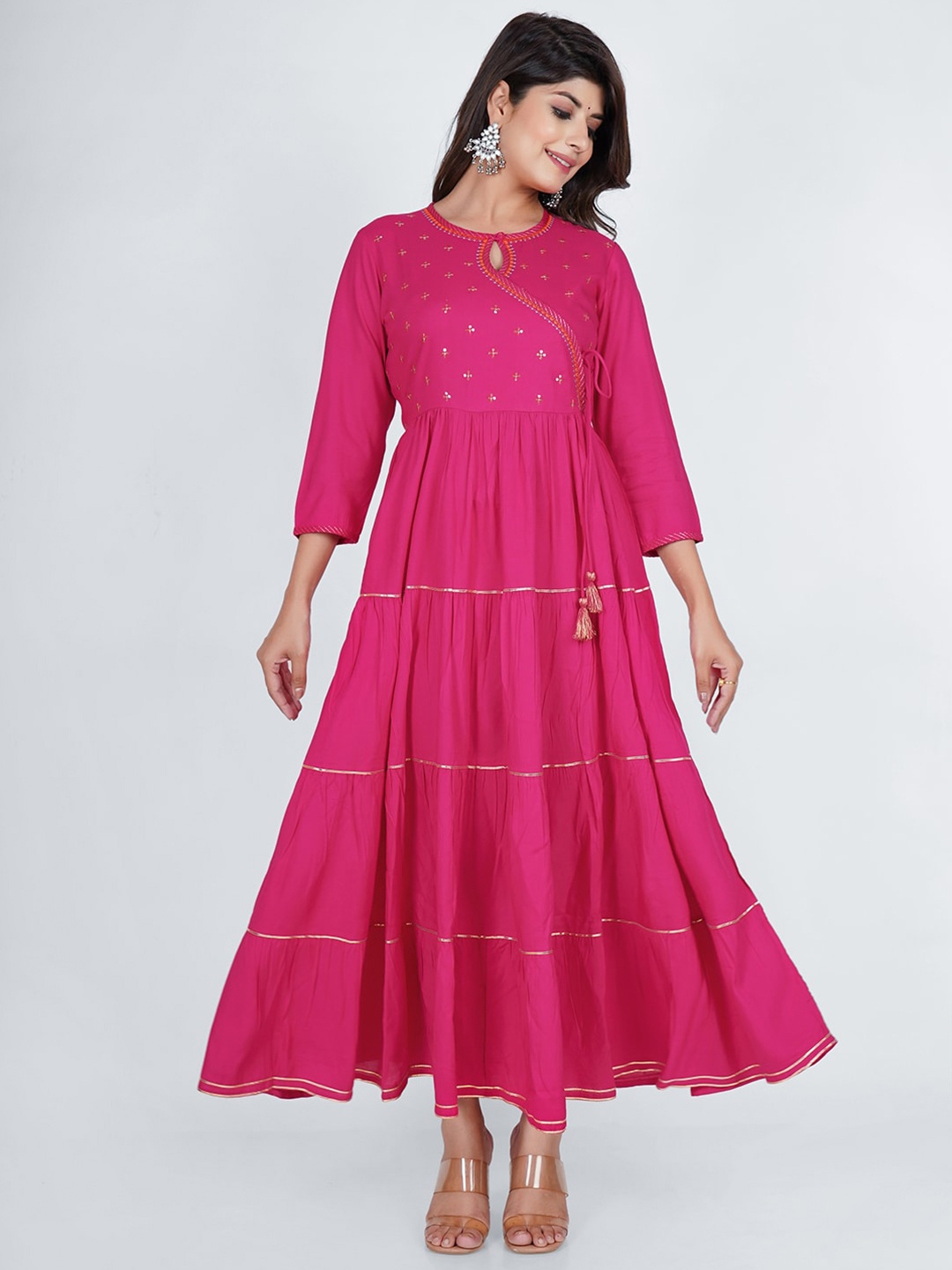 

PUKHYA Embroidered Keyhole Neck Fit & Flare Maxi Dress, Fuchsia
