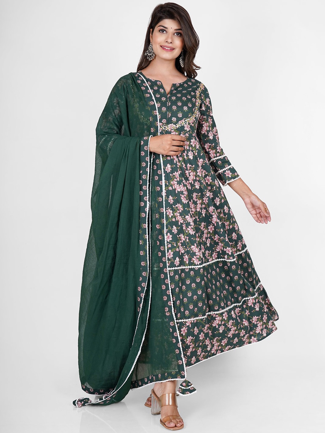 

PUKHYA Ethnic Motifs Printed Fit and Flare Ethnic Dresses Wth Dupatta, Green